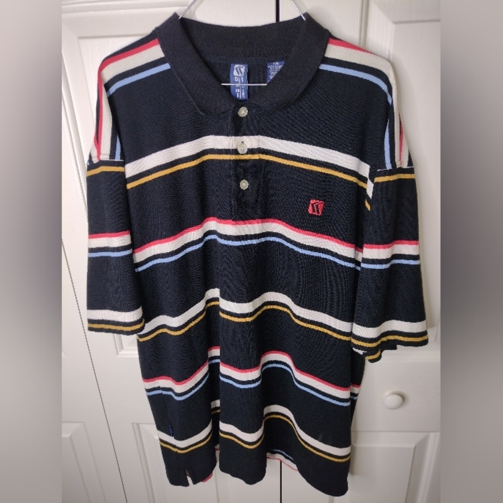 KARL KANI JEANS Polo Shirt Hip Hop Vintage White Black Gold Blue Red Striped 2XL - Picture 2 of 6
